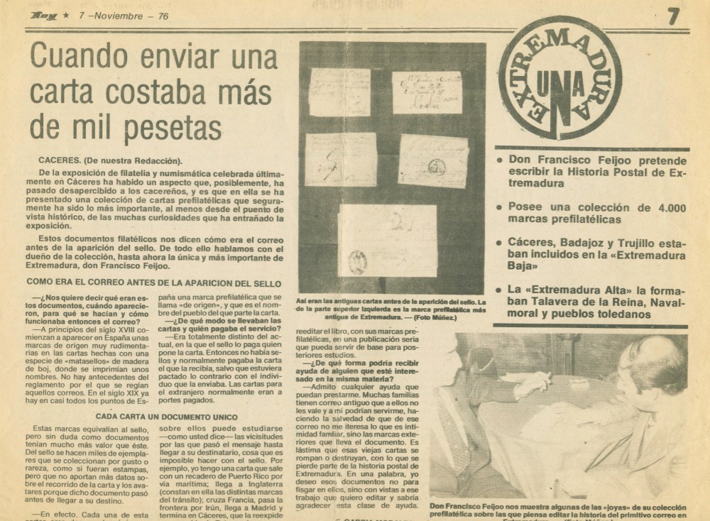 Noticia "fresca" de 1976, del periódico regional Hoy, sobre la exposición de filatelia y numismática celebrada en la antigua Cáceres de la Extremadura Baxa, entrevista al mejor coleccionista Fº Feijoo.